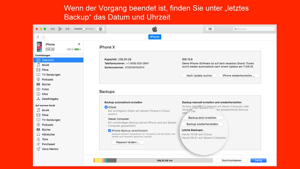 Wenn der Vorgang beendet ist, finden Sie unter „letztes Backup das Datum und Uhrzeit