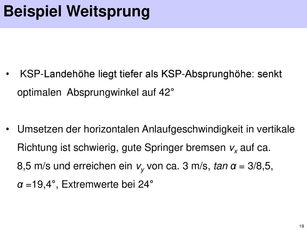 Beispiel Weitsprung KSP-Landehöhe liegt tiefer als KSP-Absprunghöhe: senkt optimalen Absprungwinkel auf 42°