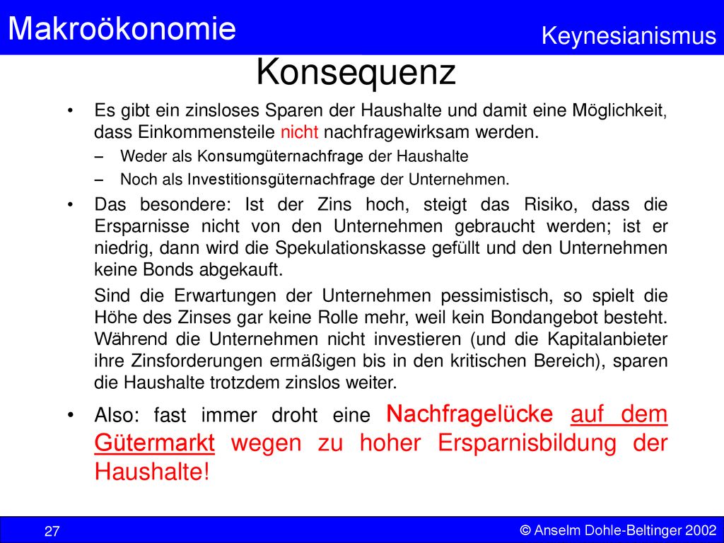 Konsequenz Es gibt ein zinsloses Sparen der Haushalte und damit eine Möglichkeit, dass Einkommensteile nicht nachfragewirksam werden.