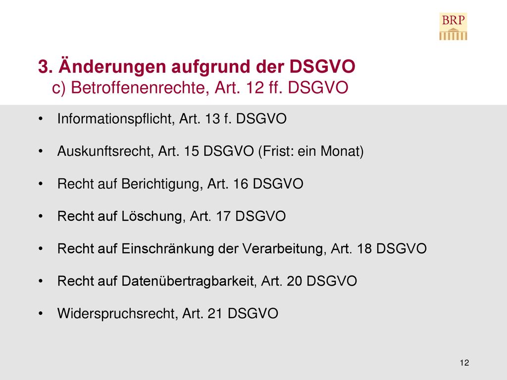 3. Änderungen aufgrund der DSGVO c) Betroffenenrechte, Art. 12 ff