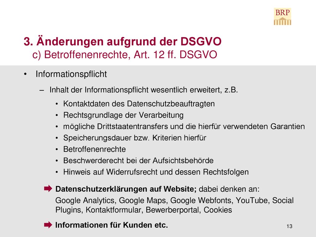 3. Änderungen aufgrund der DSGVO c) Betroffenenrechte, Art. 12 ff