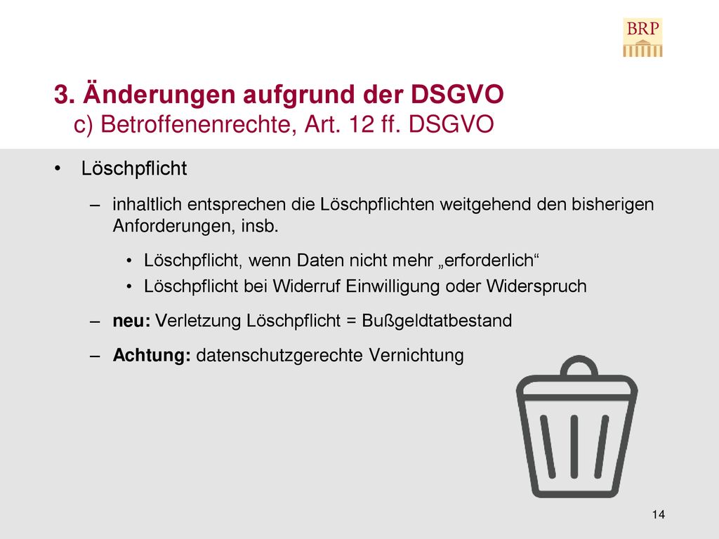 3. Änderungen aufgrund der DSGVO c) Betroffenenrechte, Art. 12 ff