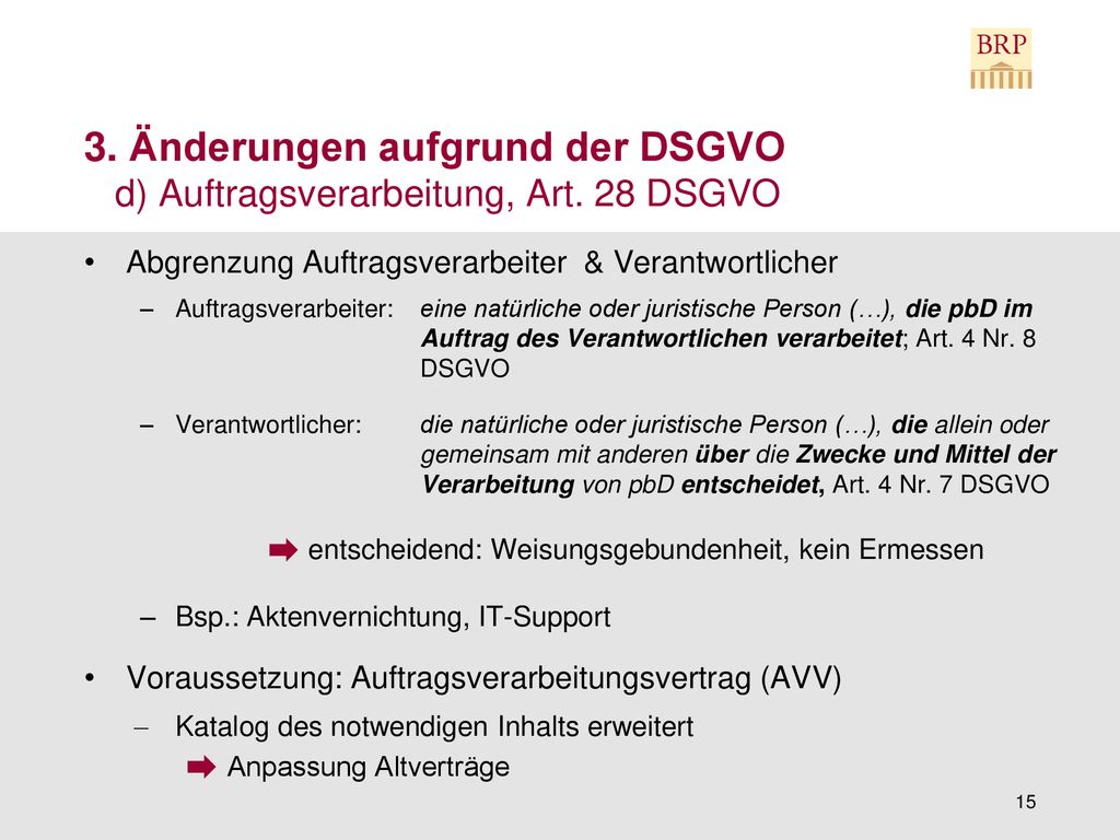 3. Änderungen aufgrund der DSGVO d) Auftragsverarbeitung, Art. 28 DSGVO