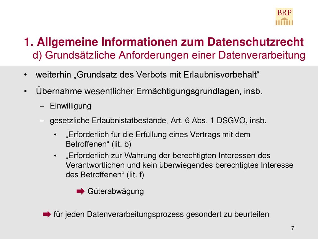 1. Allgemeine Informationen zum Datenschutzrecht d) Grundsätzliche Anforderungen einer Datenverarbeitung