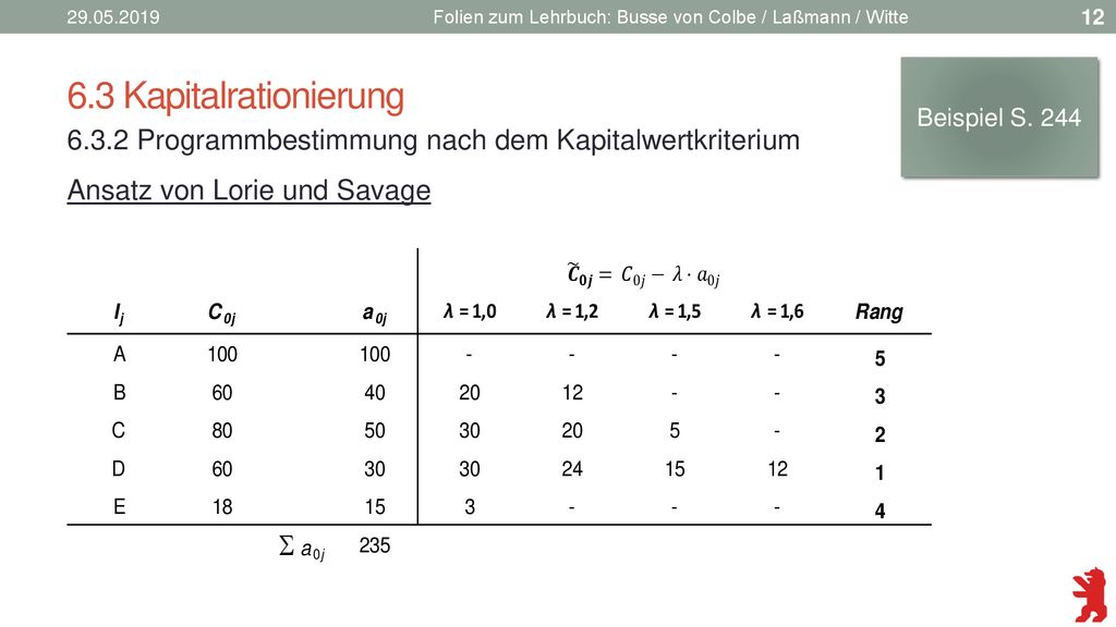 Folien zum Lehrbuch: Busse von Colbe / Laßmann / Witte. 6.3 Kapitalrationierung. Beispiel S