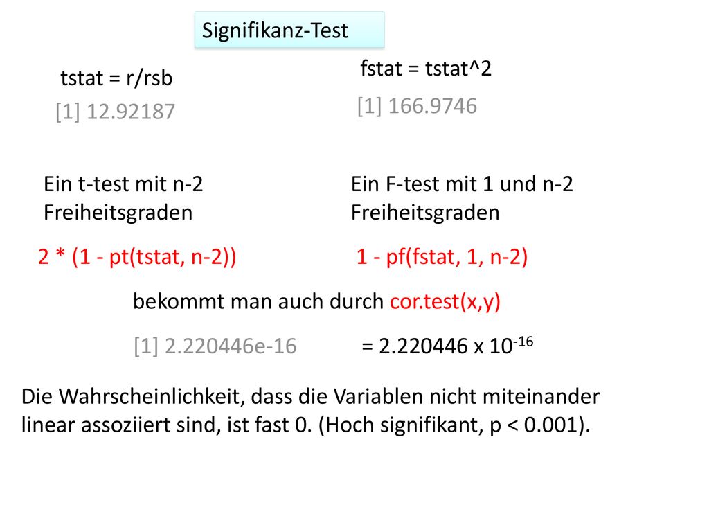 Signifikanz-Test fstat = tstat^2. tstat = r/rsb. [1] [1] Ein t-test mit n-2 Freiheitsgraden.