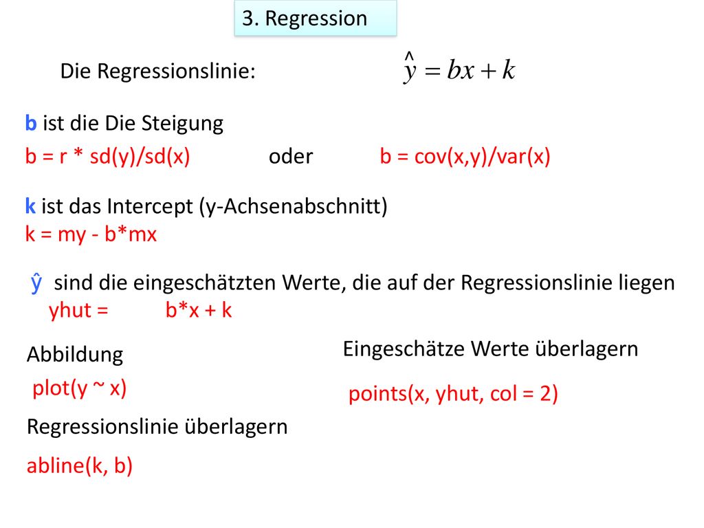 3. Regression ^ Die Regressionslinie: b ist die Die Steigung. b = r * sd(y)/sd(x) b = cov(x,y)/var(x)