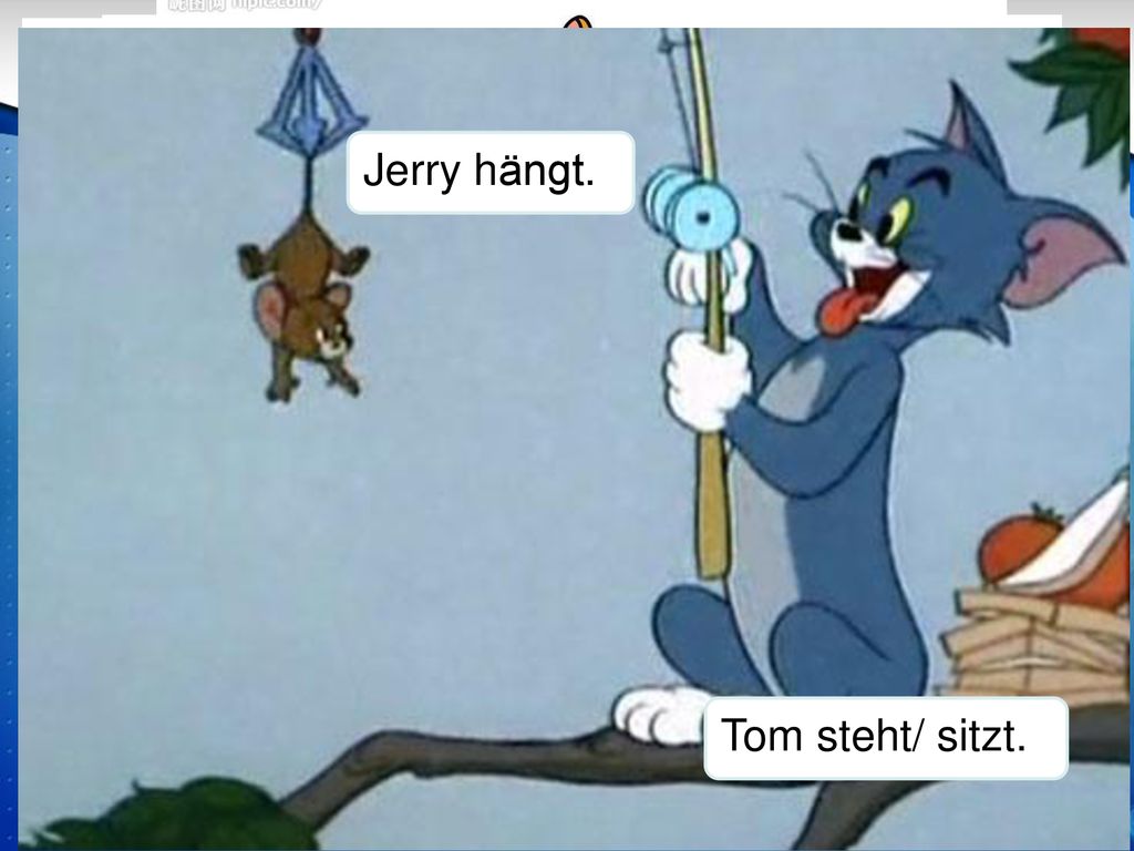 Tom und Jerry liegen. Jerry sitzt. Jerry hängt. Tom sitzt auch. Jerry steht. Tom steht/ sitzt.