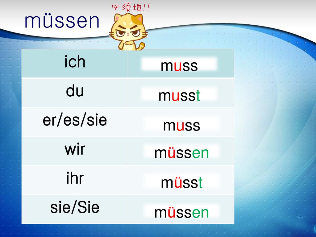 müssen ich du er/es/sie wir ihr sie/Sie muss musst muss müssen müsst