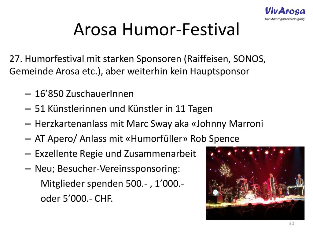 Arosa Humor-Festival 27. Humorfestival mit starken Sponsoren (Raiffeisen, SONOS, Gemeinde Arosa etc.), aber weiterhin kein Hauptsponsor.