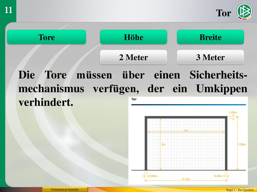 11 Tor. Tore. Höhe. Breite. 2 Meter. 3 Meter. Die Tore müssen über einen Sicherheits-mechanismus verfügen, der ein Umkippen verhindert.