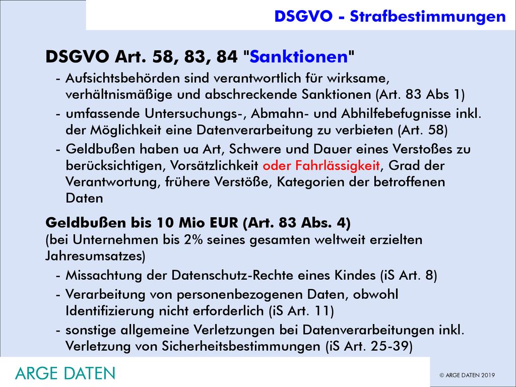 DSGVO Art. 58, 83, 84 Sanktionen ARGE DATEN ARGE DATEN