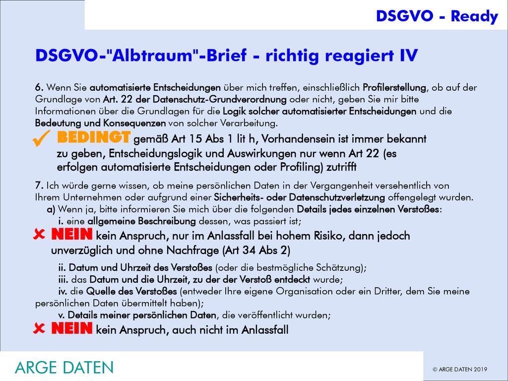    DSGVO- Albtraum -Brief - richtig reagiert IV ARGE DATEN