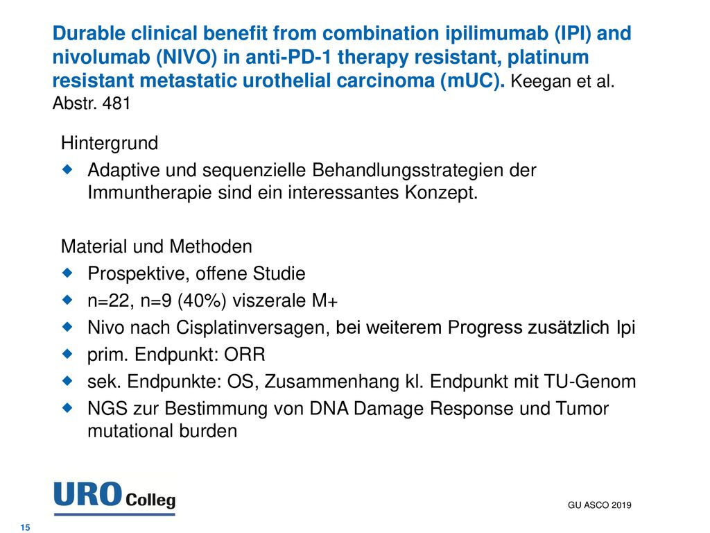 Durable clinical benefit from combination ipilimumab (IPI) and nivolumab (NIVO) in anti-PD-1 therapy resistant, platinum resistant metastatic urothelial carcinoma (mUC). Keegan et al. Abstr. 481