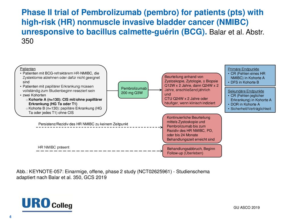 Phase II trial of Pembrolizumab (pembro) for patients (pts) with high-risk (HR) nonmuscle invasive bladder cancer (NMIBC) unresponsive to bacillus calmette-guérin (BCG). Balar et al. Abstr. 350