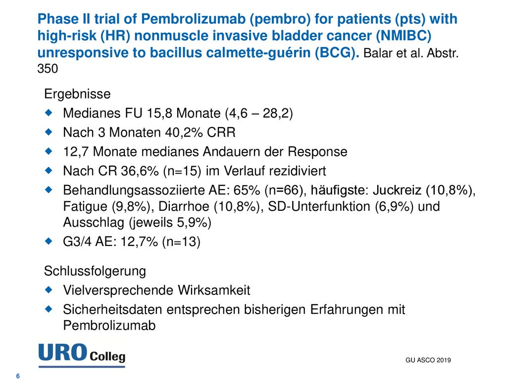 Phase II trial of Pembrolizumab (pembro) for patients (pts) with high-risk (HR) nonmuscle invasive bladder cancer (NMIBC) unresponsive to bacillus calmette-guérin (BCG). Balar et al. Abstr. 350