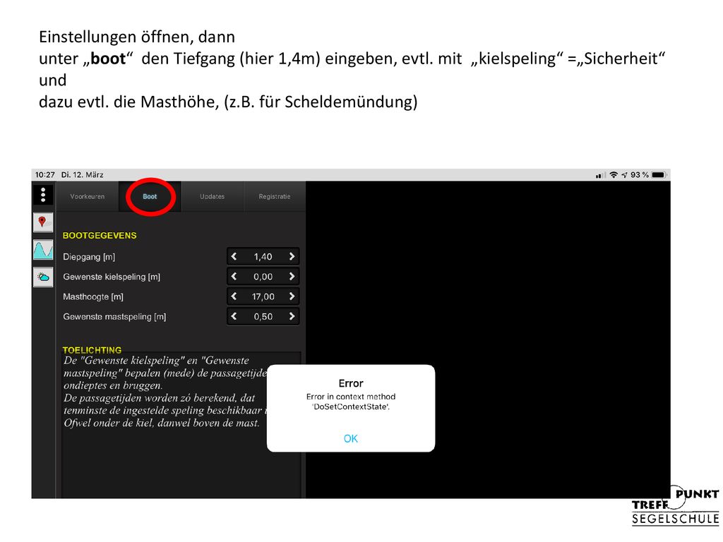 Einstellungen öffnen, dann unter „boot den Tiefgang (hier 1,4m) eingeben, evtl.