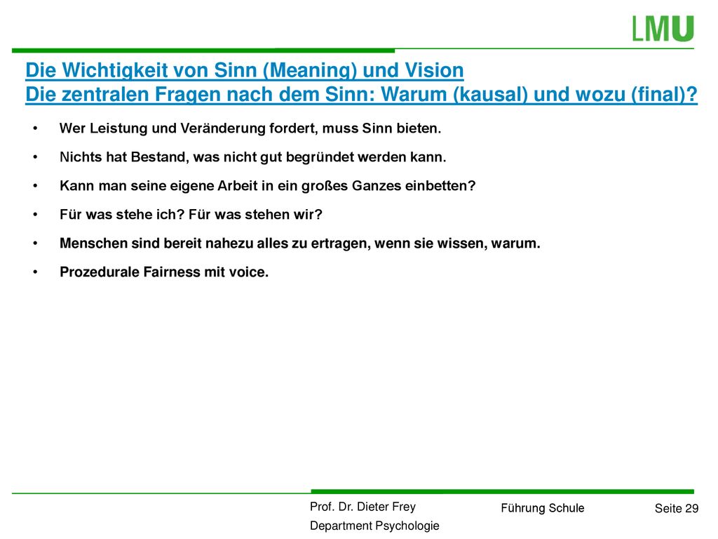 Die Wichtigkeit von Sinn (Meaning) und Vision Die zentralen Fragen nach dem Sinn: Warum (kausal) und wozu (final)