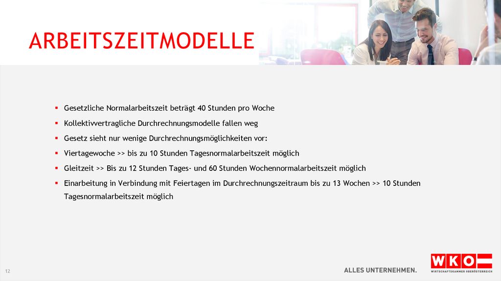 Arbeitszeitmodelle Gesetzliche Normalarbeitszeit beträgt 40 Stunden pro Woche. Kollektivvertragliche Durchrechnungsmodelle fallen weg.