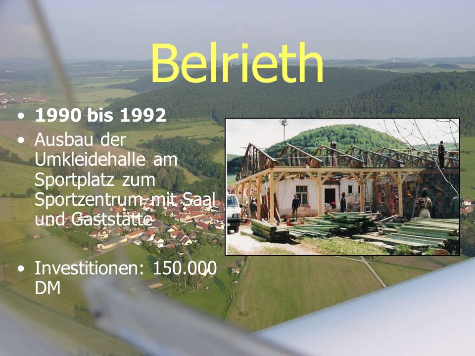 Belrieth 1990 bis Ausbau der Umkleidehalle am Sportplatz zum Sportzentrum mit Saal und Gaststätte.