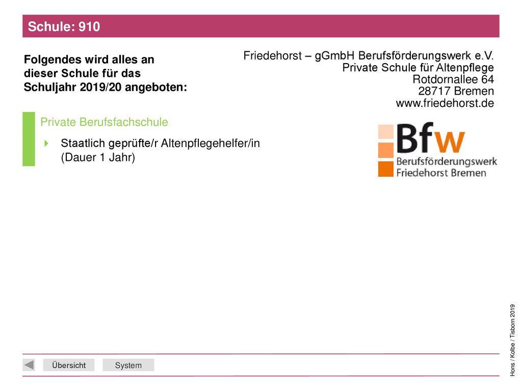 Schule: 910 Friedehorst – gGmbH Berufsförderungswerk e.V. Private Schule für Altenpflege Rotdornallee Bremen
