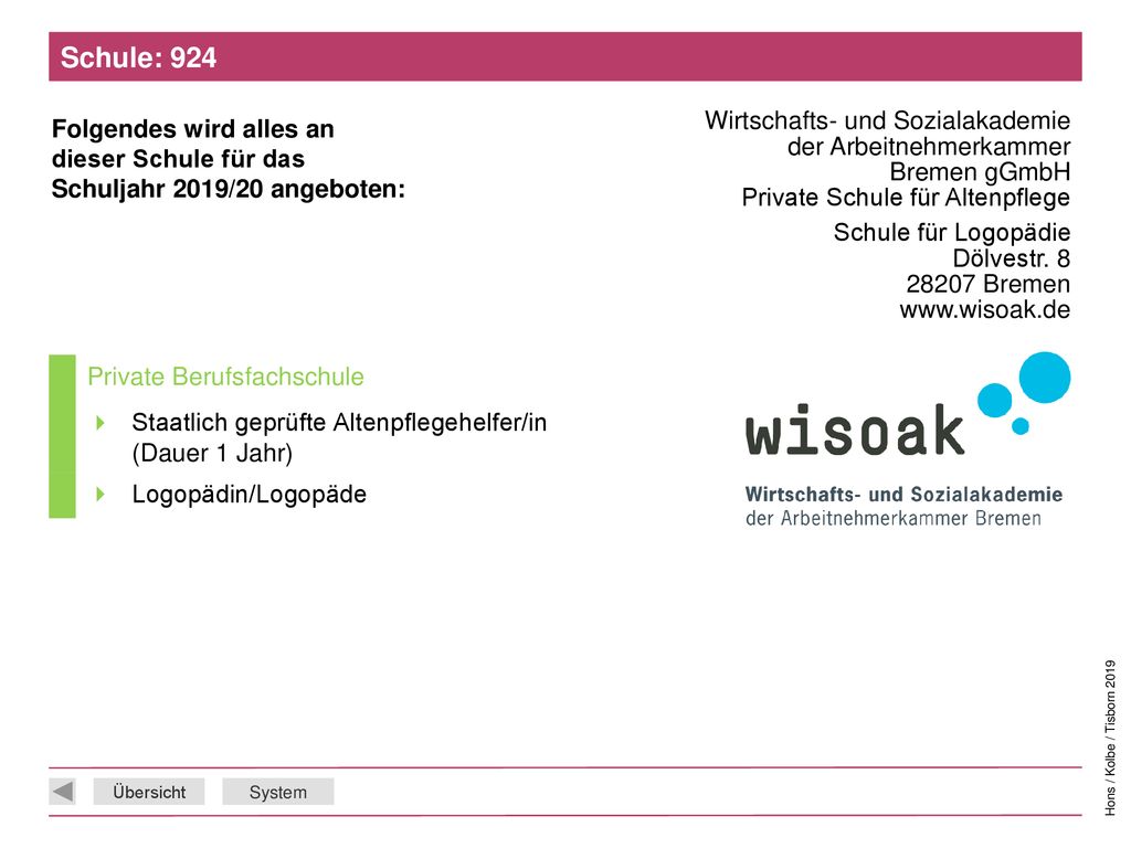 Schule: 924 Wirtschafts- und Sozialakademie der Arbeitnehmerkammer Bremen gGmbH Private Schule für Altenpflege.
