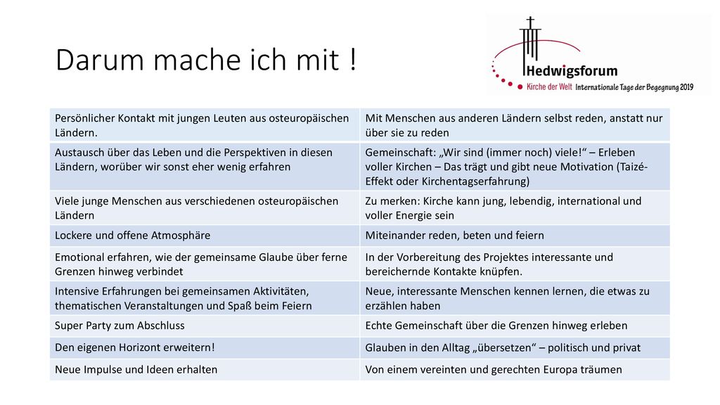 Darum mache ich mit ! Persönlicher Kontakt mit jungen Leuten aus osteuropäischen Ländern.