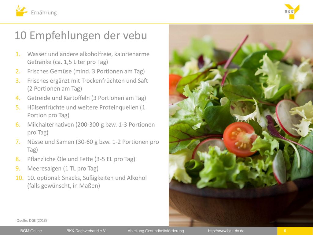 10 Empfehlungen der vebu Wasser und andere alkoholfreie, kalorienarme Getränke (ca. 1,5 Liter pro Tag)