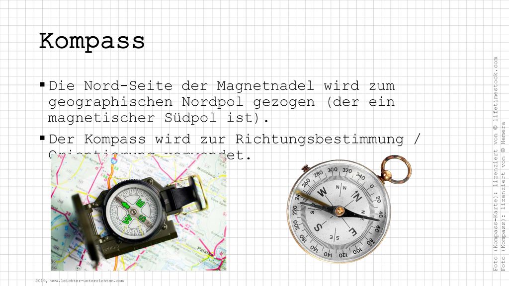 Kompass Die Nord-Seite der Magnetnadel wird zum geographischen Nordpol gezogen (der ein magnetischer Südpol ist).
