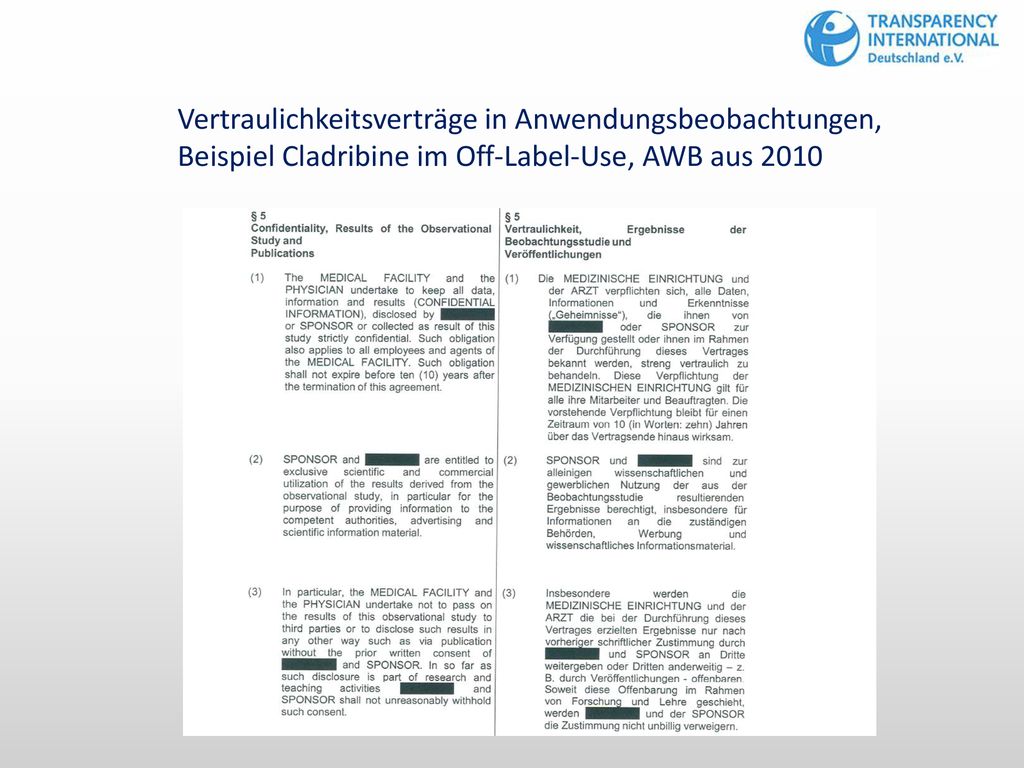 Vertraulichkeitsverträge in Anwendungsbeobachtungen, Beispiel Cladribine im Off-Label-Use, AWB aus 2010