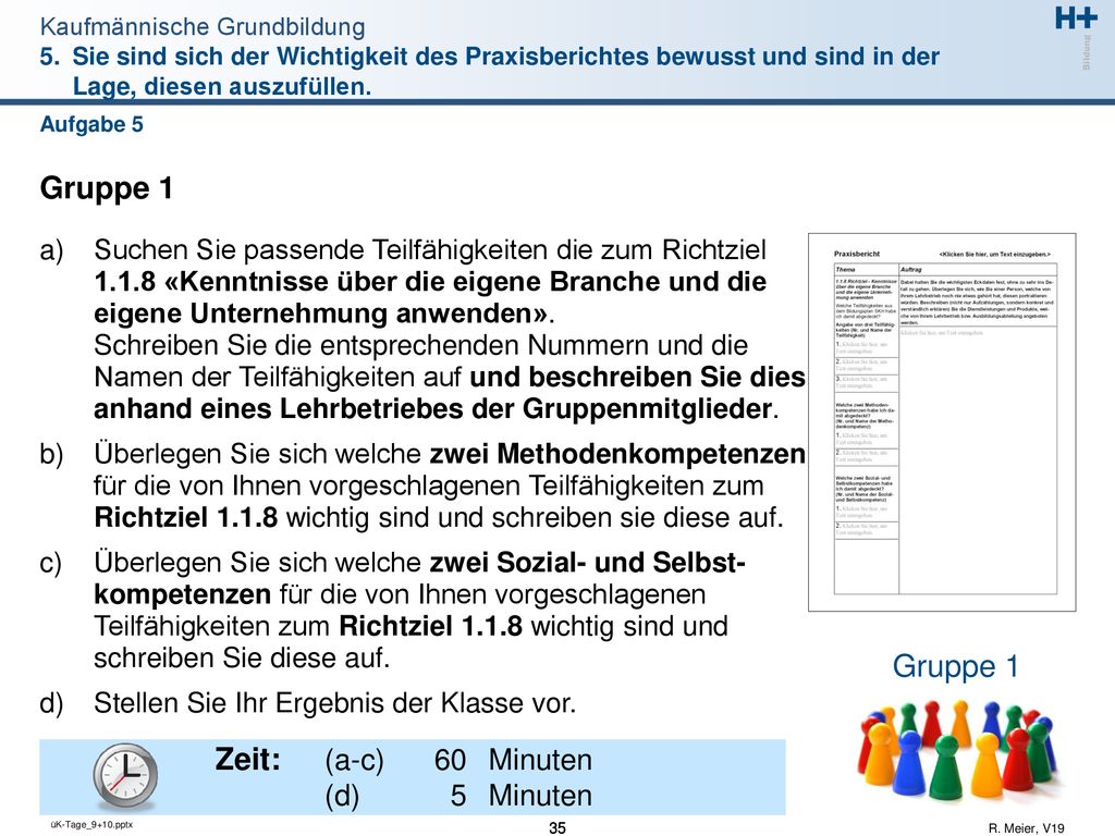 Gruppe 1 Gruppe 1 Zeit: (a-c) 60 Minuten (d) 5 Minuten