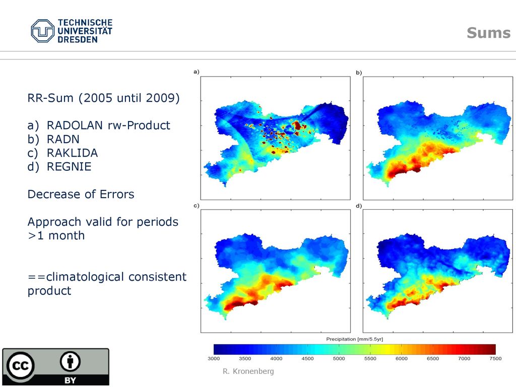 Sums RR-Sum (2005 until 2009) RADOLAN rw-Product RADN RAKLIDA REGNIE