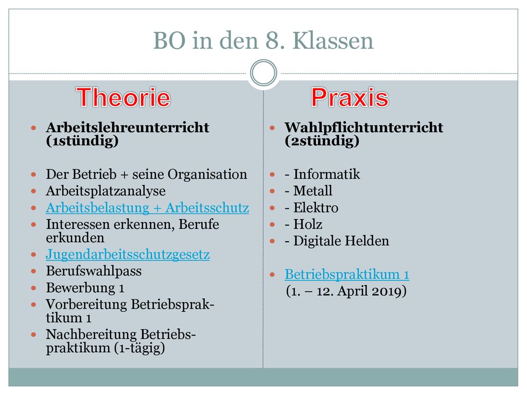 Theorie Praxis BO in den 8. Klassen Arbeitslehreunterricht (1stündig)