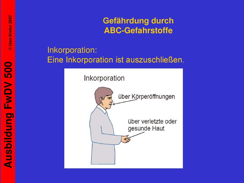 Gefährdung durch ABC-Gefahrstoffe Inkorporation: Eine Inkorporation ist auszuschließen.