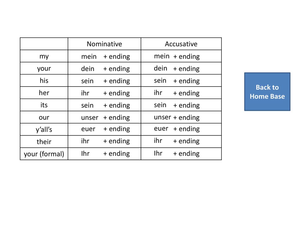 Nominative Accusative. my. your. his. her. its. our. y’all’s. their. your (formal) mein. + ending.
