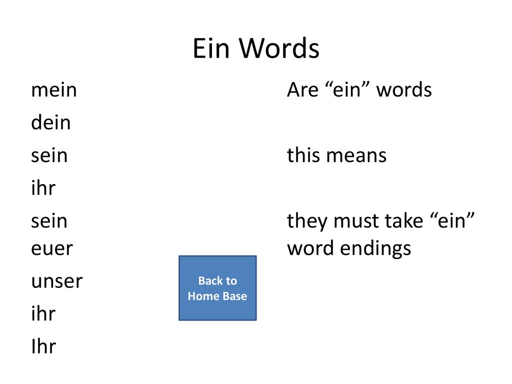Ein Words mein Are ein words dein sein this means ihr sein they must take ein euer word endings unser Ihr