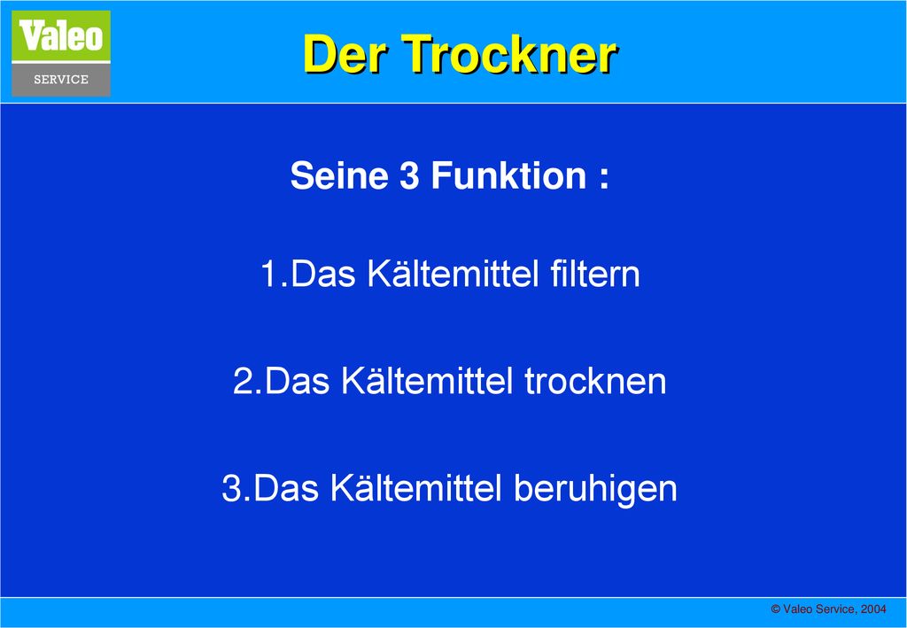 Der Trockner Seine 3 Funktion : 1. Das Kältemittel filtern