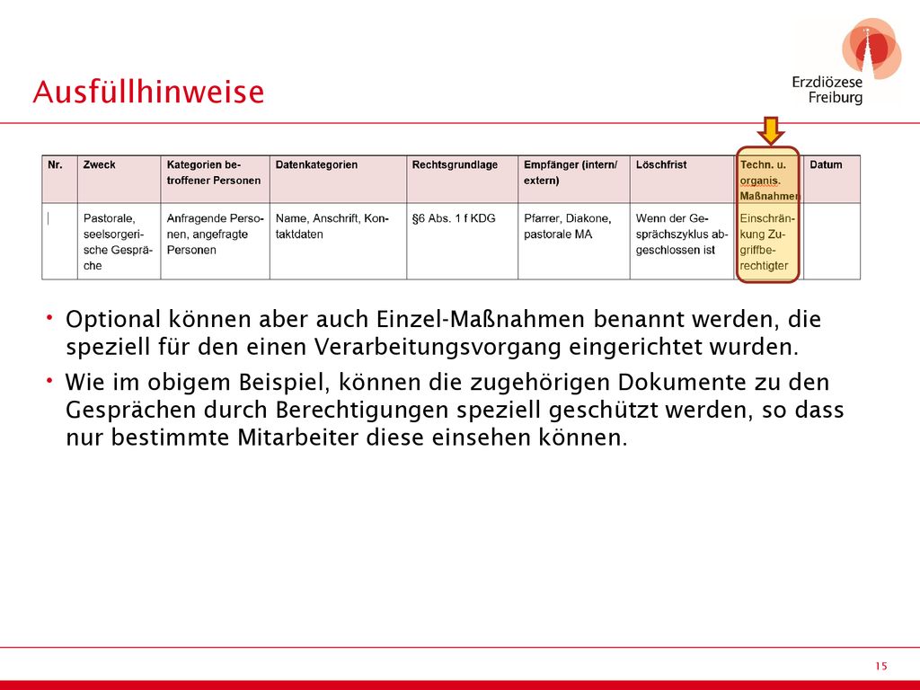 Ausfüllhinweise Optional können aber auch Einzel-Maßnahmen benannt werden, die speziell für den einen Verarbeitungsvorgang eingerichtet wurden.