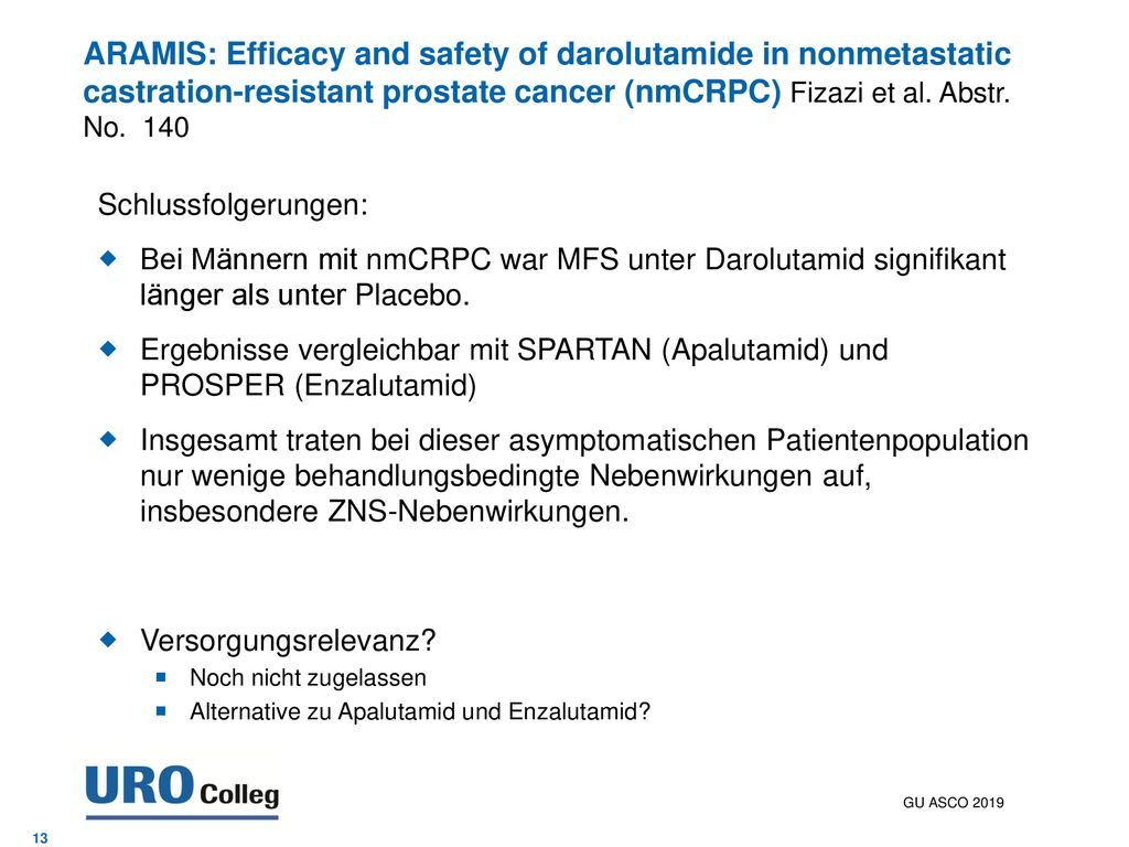 ARAMIS: Efficacy and safety of darolutamide in nonmetastatic castration-resistant prostate cancer (nmCRPC) Fizazi et al. Abstr. No. 140
