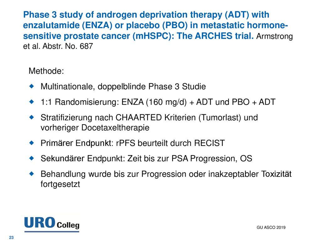 Phase 3 study of androgen deprivation therapy (ADT) with enzalutamide (ENZA) or placebo (PBO) in metastatic hormone-sensitive prostate cancer (mHSPC): The ARCHES trial. Armstrong et al. Abstr. No. 687