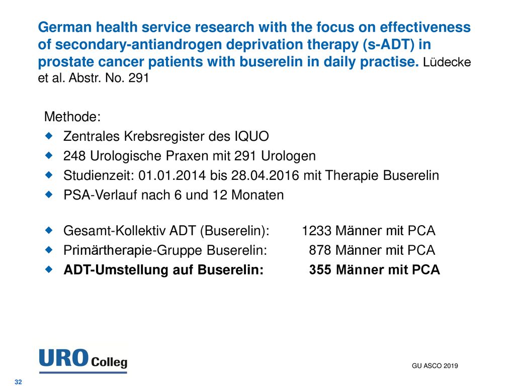 German health service research with the focus on effectiveness of secondary-antiandrogen deprivation therapy (s-ADT) in prostate cancer patients with buserelin in daily practise. Lüdecke et al. Abstr. No. 291
