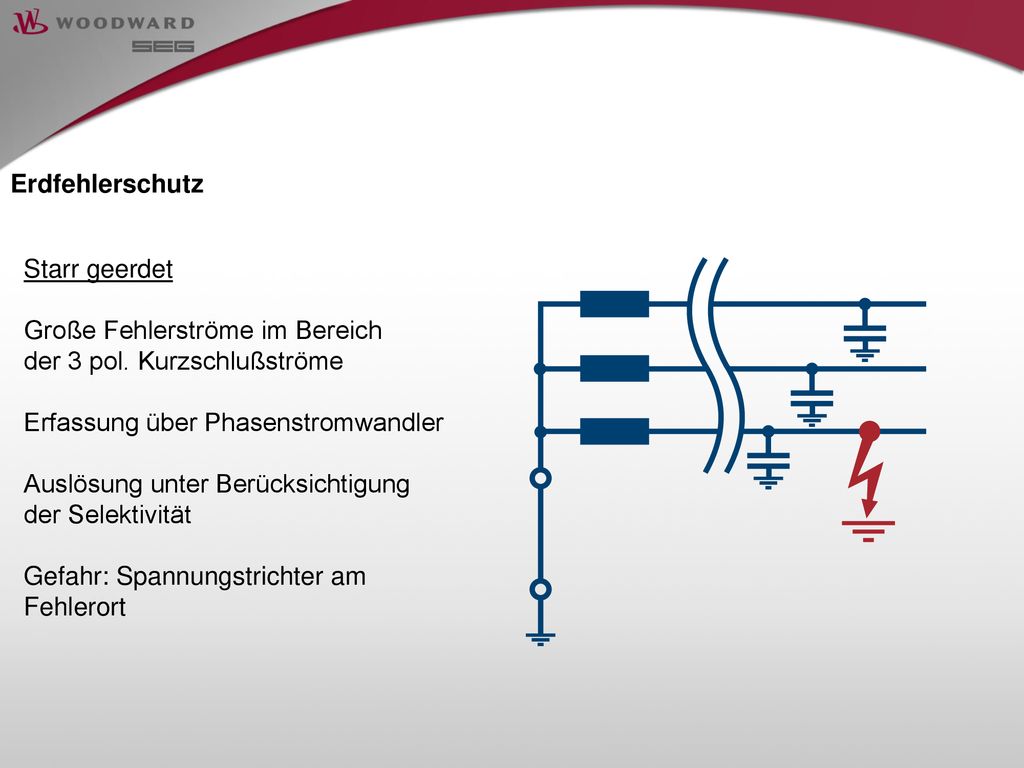 Erdfehlerschutz Starr geerdet. Große Fehlerströme im Bereich. der 3 pol. Kurzschlußströme. Erfassung über Phasenstromwandler.