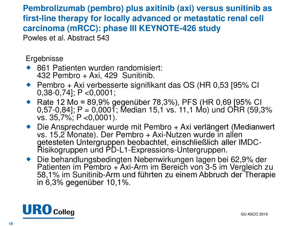 Pembrolizumab (pembro) plus axitinib (axi) versus sunitinib as first-line therapy for locally advanced or metastatic renal cell carcinoma (mRCC): phase III KEYNOTE-426 study Powles et al. Abstract 543