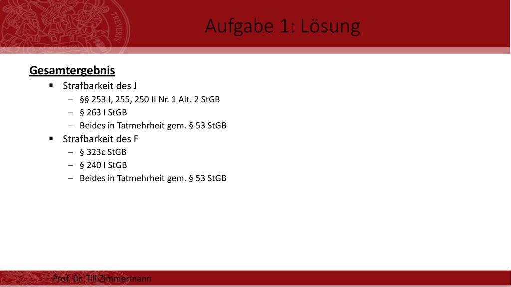 Aufgabe 1: Lösung Gesamtergebnis Strafbarkeit des J Strafbarkeit des F