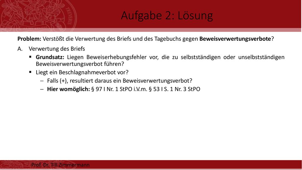 Aufgabe 2: Lösung Problem: Verstößt die Verwertung des Briefs und des Tagebuchs gegen Beweisverwertungsverbote