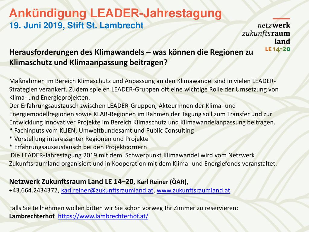 Ankündigung LEADER-Jahrestagung 19. Juni 2019, Stift St