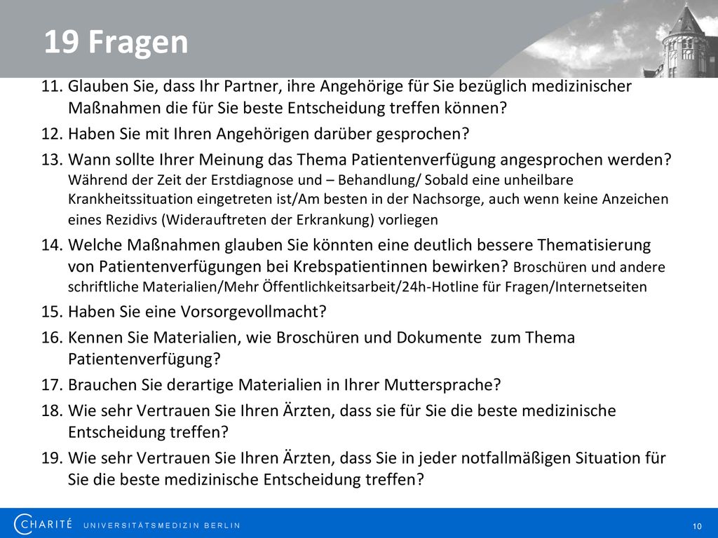 19 Fragen Glauben Sie, dass Ihr Partner, ihre Angehörige für Sie bezüglich medizinischer Maßnahmen die für Sie beste Entscheidung treffen können