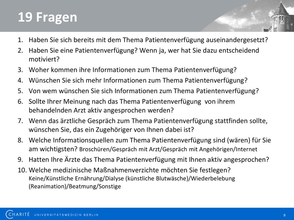 19 Fragen Haben Sie sich bereits mit dem Thema Patientenverfügung auseinandergesetzt