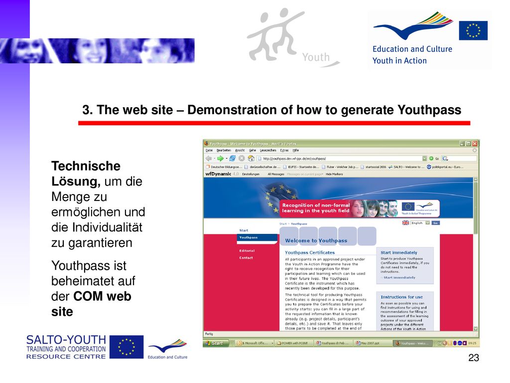 3. The web site – Demonstration of how to generate Youthpass