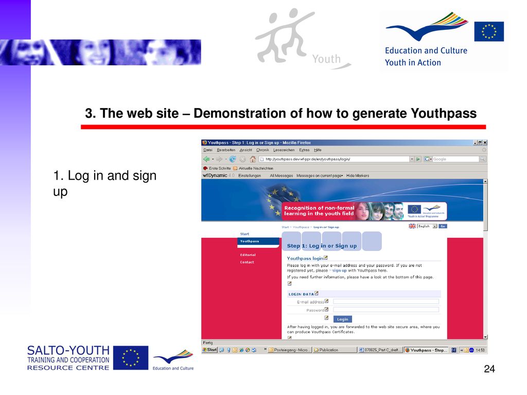 3. The web site – Demonstration of how to generate Youthpass
